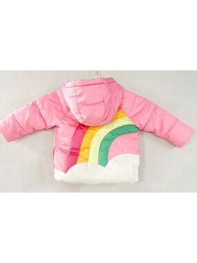 Old Navy Hooded Pink Puffer Jacket Rainbow Back Water-Resistant 18-24 Mo's NWOT